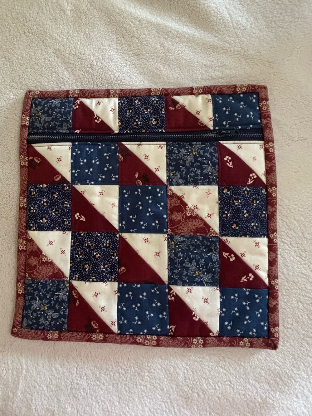 Handmade Patchwork Quilted Zipper Pouch - Navy, Dark Red, White. 10.5 x 10.5 in